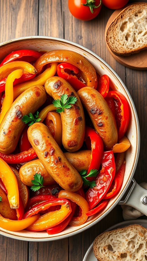 Baked Italian sausage with colorful bell peppers and onions, garnished with parsley on a rustic table.